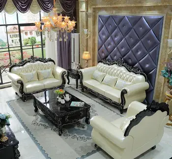 Dzīvojamās istabas mēbeles Eiropas dīvāna kombināciju ādas klasiskā franču pabeigt gaismas luksusa masīvkoka ebony mēbeles