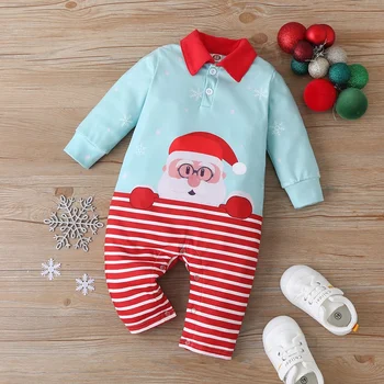 Baby Boy Ziemas Drēbes, Bērnu Ziemassvētku Drēbes Kokvilnas Cute Santa Claus Raibs Svītrainām TurnDown Apkakli, Garām Piedurknēm Baby Romper