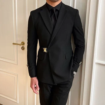 Britu Stila Melns Uzvalks Jaka Vīriešu Elegants Kungs, Biznesa Gadījuma Profesionālās Formālu Kleita Ķermeņa Jostas Dubultā Krūtīm