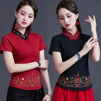 2023 retro ķīniešu stilā cheongsam pogas augšējā sieviešu vasaras raibs krāsu īstermiņa piedurknēm etnisko stilu izšūti t-krekls g1017