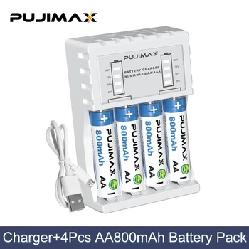 PUJIMAX 4-Slots LED Smart Displejs Lādētāja Komplektu Ar 4gab 800mAh Jaudas AA 1.2 V Uzlādējams Akumulators Ciklu Izturīgas Rotaļu Automašīnas