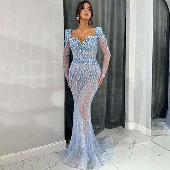 Wasisi Blue Mermaid Luksusa Pērles Fāzēm arābu Elegantas Vakara Kleitas Tērpi Sievieti Kāzu svinības FLA71861