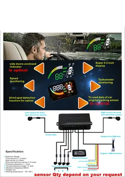 auto-detektors 8 sensors parktronic sistēma ar 5.5 collu Auto HUD head up displejs+2 blind spot sensors +4 atpakaļ sensors+2 priekšējais sensors