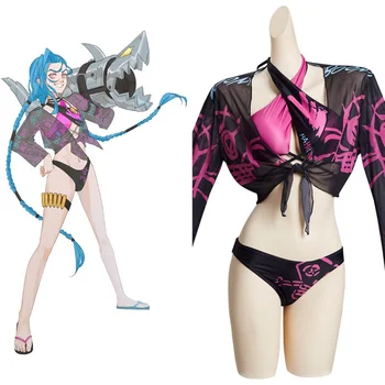 LOL Jinx Cosplay Kostīmu, Peldkostīmu Apģērbs, Sieviešu Apģērbs Anime Bikini Peldkostīmu Vienotu Halloween Karnevāla Tērps Pieaugušo Cosplay
