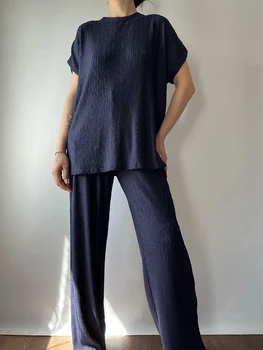Krokas Tekstūra T-Krekls Mājas Tērps Sievietei Ar Īsām Piedurknēm Zaudēt Vienkārša Ikdienas Krekli Augstās Jostasvietas Bikses 2 Gab. Komplekts Vintage Sleepwear