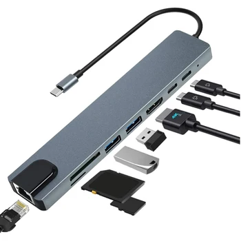 USB C Hub 8 In1 TypeC 3.1 4K HDMI-savietojams Adapteris ar RJ45 SD/TF Card Reader PD Ātri Maksa par Notebook Portatīvie datori