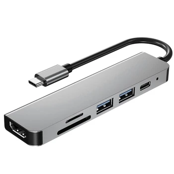 6 in 1 USB C Tipa Rumbu Adapteris ar 4K 30Hz -Saderīgu Multiport Karšu Lasītājs USB3.0 TF PD Video Multi Portu Adapteri