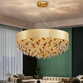 Mūsdienu kristāla lustras par dzīvojamo istabu mājas dekoru karājas cristal lampas apaļas zelta led gaismas ķermenis ir ar apgaismojuma regulēšanu