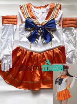 Spīdīga Satīna Sailor V Sexy Japāņu Anime, Skaista Mēness Meitene Balta/Oranža Cosplay Jauno Lady Plus Lieluma Halloween Puse Kleita