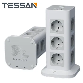 TESSAN Multi Noieta Jaudas Sloksnes ar USB Pieslēgvietām, kas Pāriet 2M pagarinātāju ES Plug Vertikālā Torņa Ligzda Pārsprieguma Aizsardzība Mājas