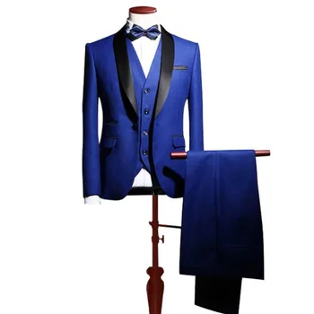 Royal Blue Vīriešu Uzvalki, Melnā Šalle Atloks Pasūtījuma Žakete Bikšu Līgavainis Kāzu Mētelis Personu Valkāt 3Pcs Žakete+Veste+Bikses