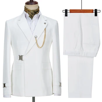 Balts Vīriešu Uzvalki 2 Gabals Modes Jaunais Robs, Atloks, Metāla Sprādzes tīrtoņa Krāsas Žakete Biznesa Gadījuma Kāzu Līgavainis Pilnībā Vīriešu Uzvalks