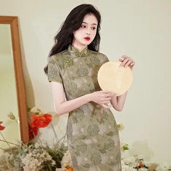 Klasisks Elegants Sieviešu Qipao Retro Drukāt Zieds Mandarīnu Apkakles Tradicionālā Ķīniešu Kleita Sexy Slim Sadalīt Cheongsam Vestidos
