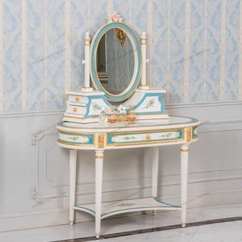 Eiropas stila masīvkoka guļamistabas mēbeles, tualetes galdiņš franču romantiskā luksusa krāsainu gleznu roku cirsts apzeltīts sudrabs foi