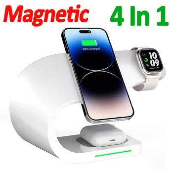 4 1 Magnētisko Bezvadu Lādētāju Statīvu (Dock iPhone 14 13 12 Pro Maks Apple Noskatīties 8 7 iWatch AirPods15W Ātrās Uzlādes Stacija