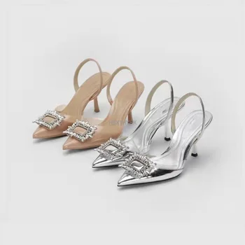Luksusa Sandales Sieviešu Sūkņi Caurspīdīga PVC Augstiem Papēžiem Kurpes Sexy Norādīja Toe Slip-uz Kāzu Puse, Zīmolu Modes Apavi Dāma