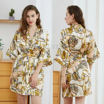 Modes Iespiesti Drēbes Sieviešu Rīta Tērpu Naktsveļu Zaudēt Montāžas Ikdienas Mājas Apģērbu Sleepwear Satīna Sexy Peldmētelis Kimono
