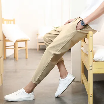 Vīriešu tīrtoņa Krāsu Gadījuma Bikses Japāņu Veļa Izmantot Slim Potītes Garuma Kājām Bikses Dienas Outwear