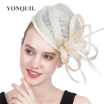 Jauku Modes Sinamay Kāzu Chapeau Klp Līgavas Elegants Fascinator Cepures Matu Pin Iedomātā Spalvu Headpiece Sievietes Puses Galvassegu