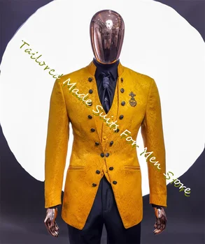 Žakete Uzstādīt Žakarda Elegants Uzvalki Vīriešiem Apelsīnu Slim Fit Vīriešu Jaka 3 Gabali Dizainers Luksusa Kāzu Kleitas Oficiālu Apģērbu