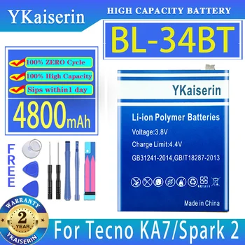 YKaiserin 4800mAh Rezerves Akumulators BL-34BT BL34BT Par Tecno KA7 Dzirksteles 2 Spark2 Mobilo Telefonu Baterijas