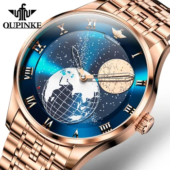 OUPINKE Jauns Mēness Fāzes Skatīties uz Vīriešiem 3D Zemes Zvaigžņotās Debesis Rotējošu Skalu, Automātisko, Mehāniskās rokas pulksteņi Luksusa Vīriešu Moonswatch