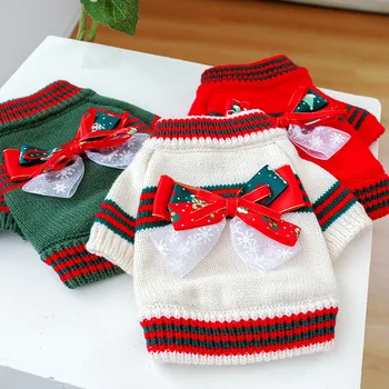 Ziemassvētku Pet Suņu Apģērbi Ziemas Siltā Suņu Džemperi Modes Kucēns Trikotāžas Džemperis Cute Bow Drukāt Kaķis Džemperi Chihuahua Drēbes