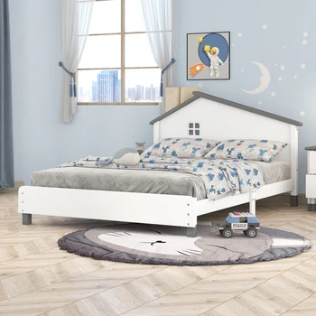 Balts+Pelēks Pilna Izmēra Koka Platforma, Gulta ar Māju formas Headboard Viegli montēt, iekštelpu guļamistabas mēbeles