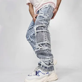 2023 Vintage Stilīgs Vīriešu Y2K Streetwear Ripped Džinsi Straight Slim Fit Bikses Hip hop Vīriešiem Caurumi Cietā Gadījuma Džinsa Bikses