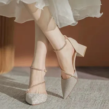 2022. gada Vasaras Eleganta Vidēja Papēža Sieviešu Kurpes Luksusa Sandales Sieviešu Modes Dizaineri Rhinestone Sūkņi Chunky Papēžiem Sandales Sievietēm