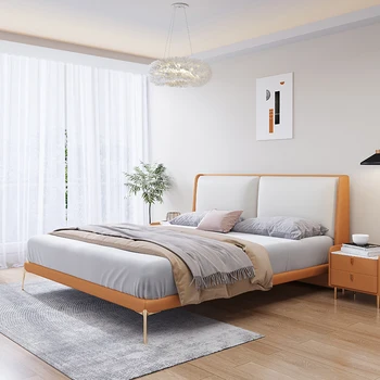 Guļamistaba small luxury minimālisma ādas divguļamā gulta modernā dizaina Ziemeļvalstu kāzu gultas, masīvkoka rāmis gulta