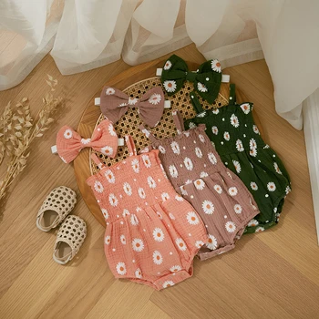 Cute Ziedu Jaundzimušais Meiteņu Drēbes, Bērnu Romper Hairband Vasaras Apģērbs Toddler Bez Piedurknēm Kroku Bodysuits Zīdaiņu Apģērbs