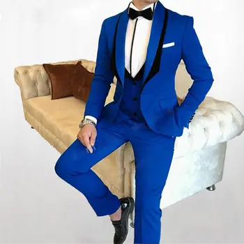 Skaists līgavainis slim Tailcoat zilā kāzu atloks uzvalks oficiālu vīriešu puses biznesa uzvalks (žakete+veste+bikses)