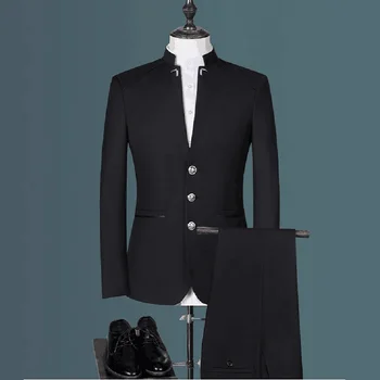 Melns Vīriešu Uzvalki 2 Gabals Ķīniešu Stilā Stand Apkakli Žakete Vīriešu Kāzu Līgavainis Slim Fit Uzvalku Vīriešu Apģērbs (Jaka+Bikses)