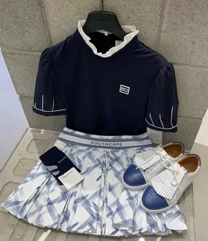 2023 korejas Golfa Apģērbu Dāmas Stand Apkakli Modes Elegantu Atmosfēru, Sajūtu, Jaunas Mežģīnes Sports Īsām Piedurknēm T-krekls