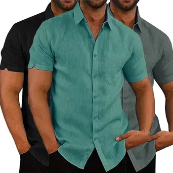 Vasaras vīriešu kokvilnas, linu krekls gadījuma īss piedurknēm krekls krekls cietā atloks oficiālās pludmales krekls vīriešu apģērbs