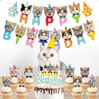 Pet Kaķu Tēma Stērste Banner Pull Sienas Karogi Happy Birthday Cake Topper Puse Dekori Vainags Kaķis Dzimšanas dienas Dekora Piederumi