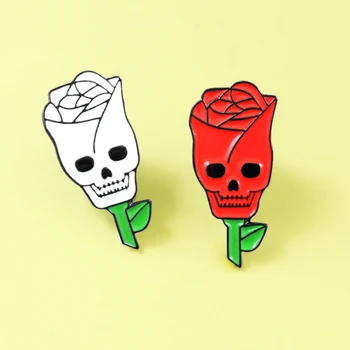 Galvaskausa skelets, Roze, Emaljas broša Adatas Red White Skull Rose puķu Gothic personības žetons Halloween drēbes mugursoma Nozīmītes