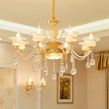 Eiropas Luksusa Kristāla Lustra, Guļamistaba, Ēdamistaba Dzīvojamā Istaba Ziemeļvalstu Spīdīga Zelta Ziedu Jade Pandant Lampas Griestu Apgaismojums
