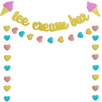 Zelta Spoža Ice Cream Bar Banner un Rozā, Zilā, Zelta Sirds Papīra Vainags Dzimšanas dienu, Vasaras Tēmu Puse, Baby Dušas Rotājumi