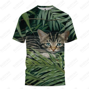 Vīriešu Vasaras Lapu un Kaķis 3D Iespiests T -krekls Zaudēt Gadījuma T -krekls, Liela Iela T -krekls Harako Īsām piedurknēm T -krekls Topi