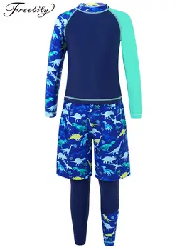 Bērniem Zēnu Peldkostīmi Beachwear Komplekti garām Piedurknēm Karikatūra Dinozauru Drukāt, Topi, Bikses un īsās bikses-Šorti Tērpiem peldkostīmu Rashguard