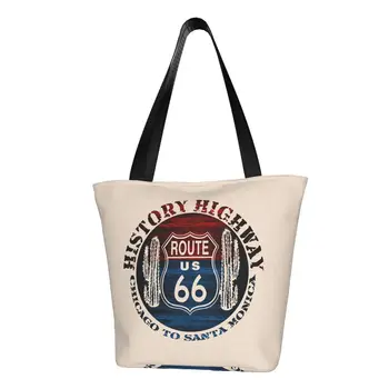 Pasūtījuma Route 66 Amerikā Ceļu Auduma Iepirkumu Soma Sieviešu Portatīvo Pārtikas Preces Vintage Ceļojuma Pircējs Tote Somas