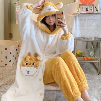 Kawaii Žirafe Naktī-drēbes Sievietēm Sleepwear Ziemas Sabiezēt Pijama mujer Unisex Plīša Siltu Kapuci Divu gabals Nakts Kleita