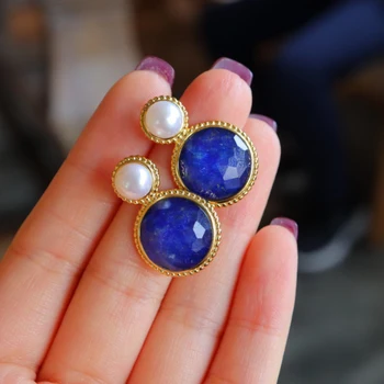 Vintage Stilu, Izsmalcinātu Pērle Apaļa Lapis Lazuli Auskari Sievietēm Sudraba Inkrustēts Classic Blue Stud Earings Rotaslietas Dāvanu