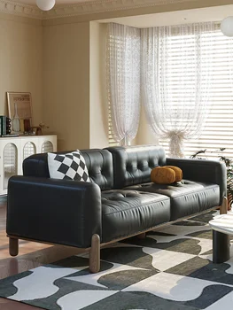 Amerikāņu retro ādas dīvāns, lieluma vienība, dzīvojamā istaba, melns taisni franču tofu bloks, masīvkoka dīvāns