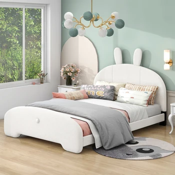 Pilna Izmēra gultas,Gudrs Dizains, Mīkstās Platformas Gulta ar Karikatūra Ausis Formas Headboard,Bērnu gultas,ērti bērniem guļamistaba