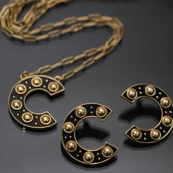Vintage Black Gold Lielo Burtu Divslāņu, Kaklarota, Auskari Sieviete Pārspīlēt Itālija Dizaineru Zīmolu Rotaslietām
