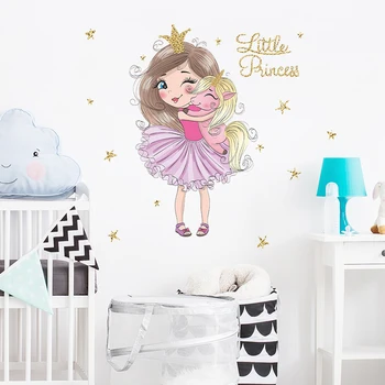 Princese un maz unicorn meitene cute sapņains guļamistaba, dzīvojamā istaba, sienas uzlīmes