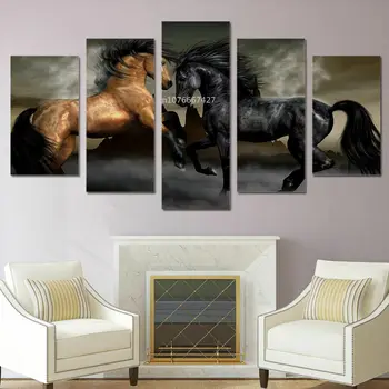 Galloping Black & Brūni Zirgi Dzīvnieku Audekls Izdrukas Krāsošana Sienas, Mākslas Dekori 5 Paneļa Bildes Plakātu Mājas Dekori Gleznas